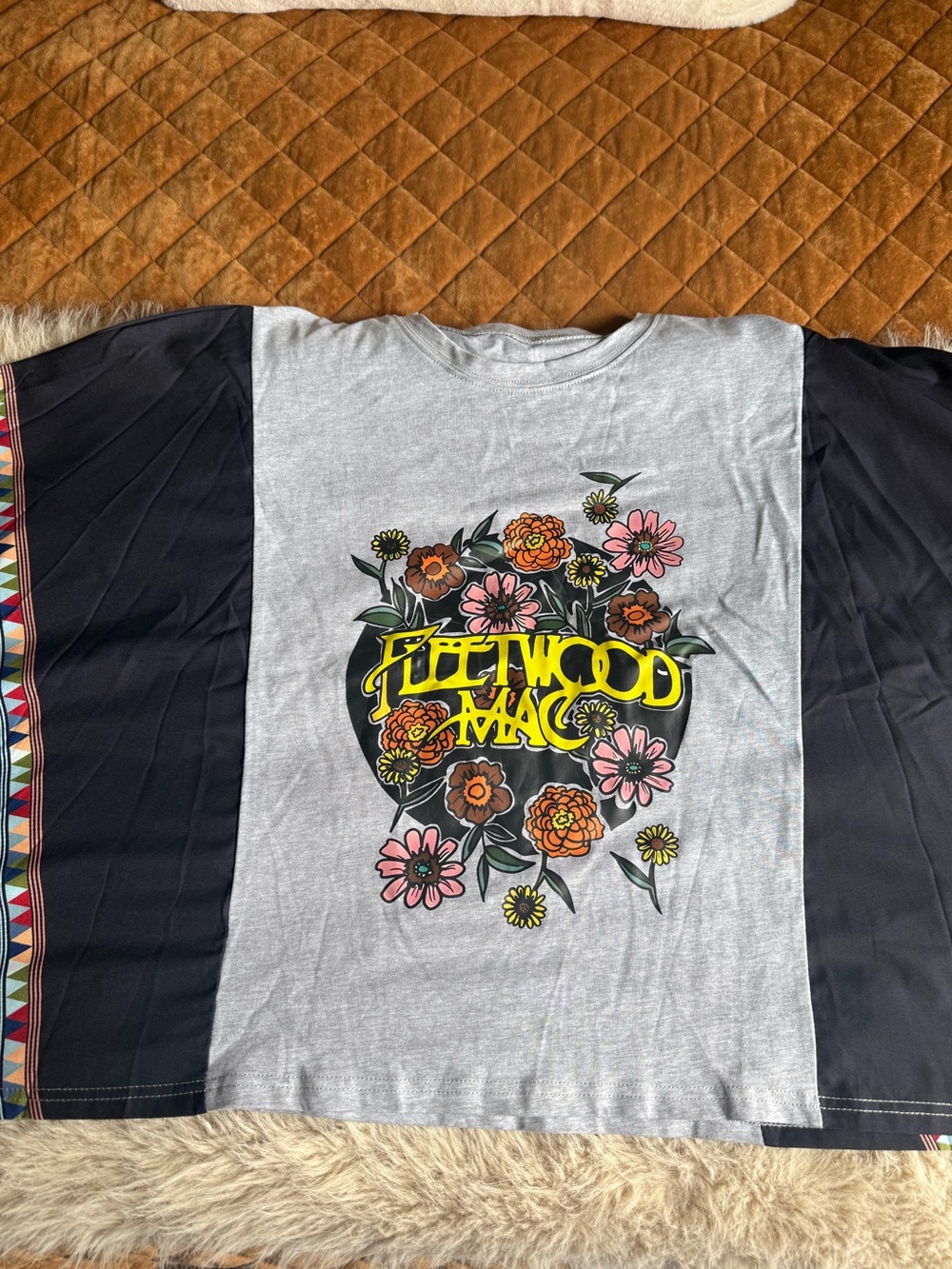 Boho Fleetwood Mac Gray Tee with Multicolor Aztec Panel Sleeves, new
